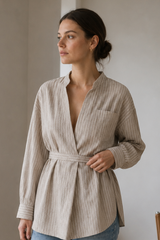 Striped V Neck Irregular Tie Waist Long Sleeve Blouse