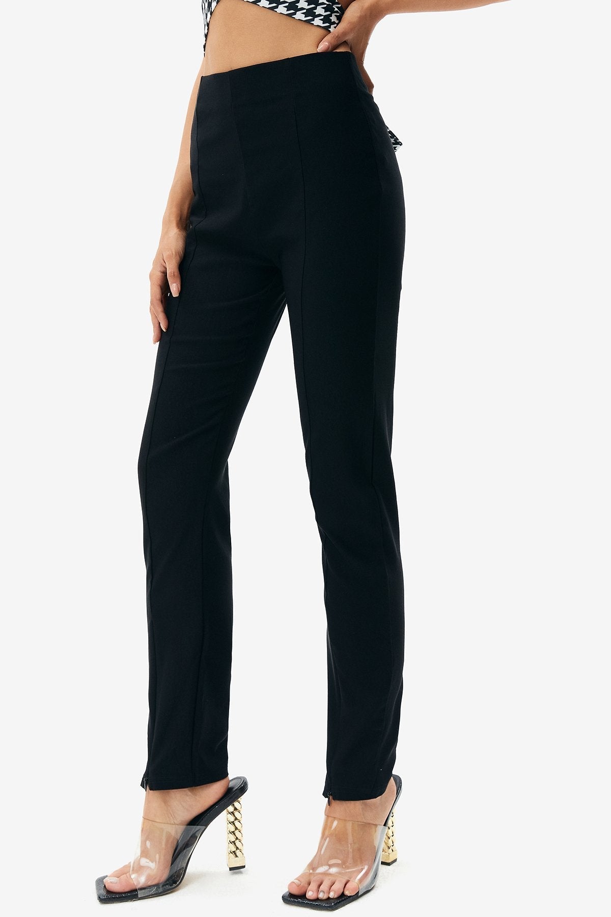 Solid Split Hem High Waisted Pants