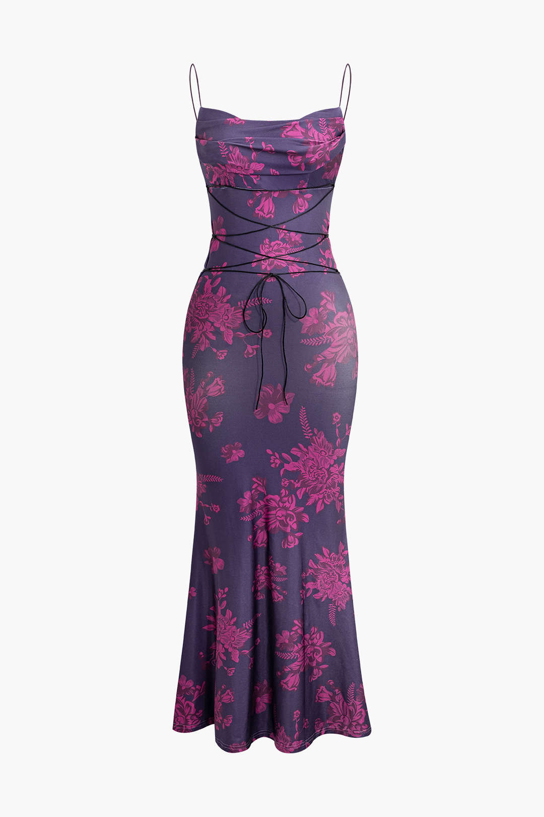 Floral Print Cowl Neck Tie Slip Maxi Dress
