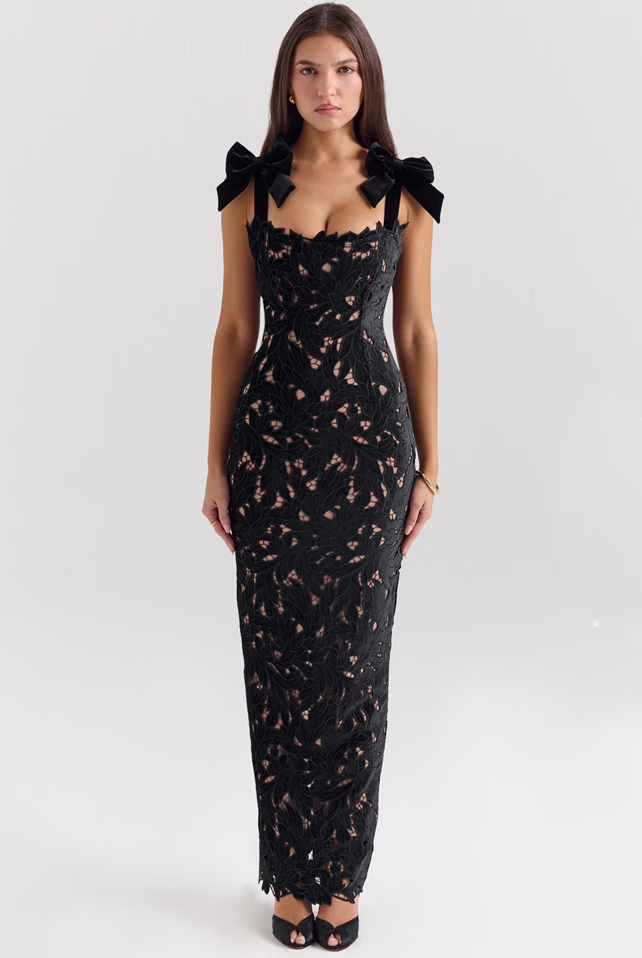 Floral Jacquard  Bow Straps Dress