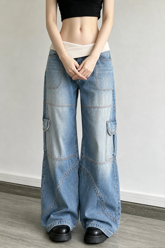 Washed Distressed Sporty Waist Wide Leg Jeans