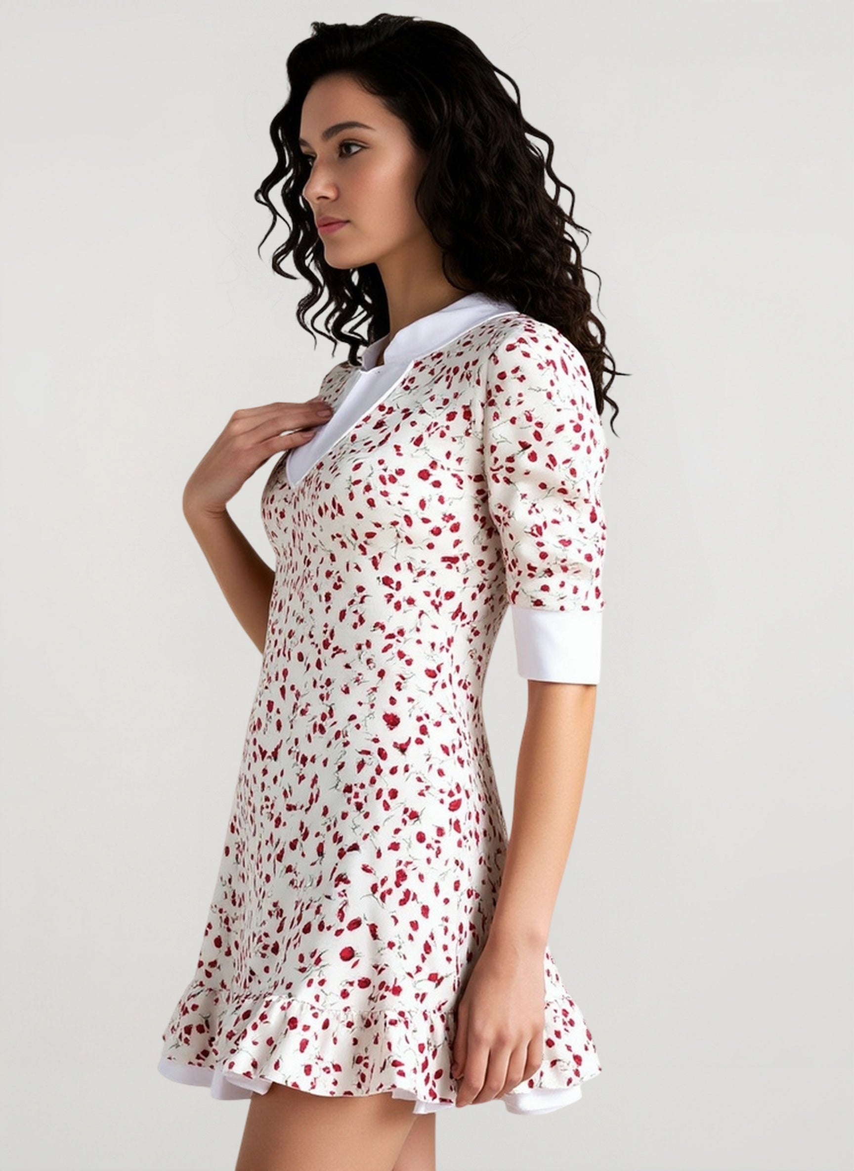 V-Neck Floral Puff Sleeve Babydoll Mini Dress
