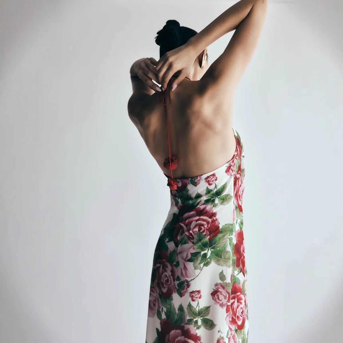 Satin Rosette Decor Halter Long Dress