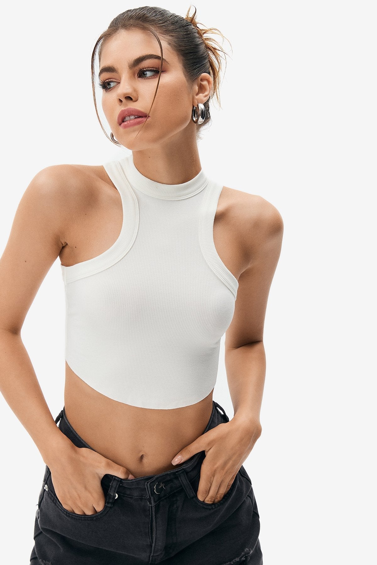 Racerback Curved Hem Crop Tank Top