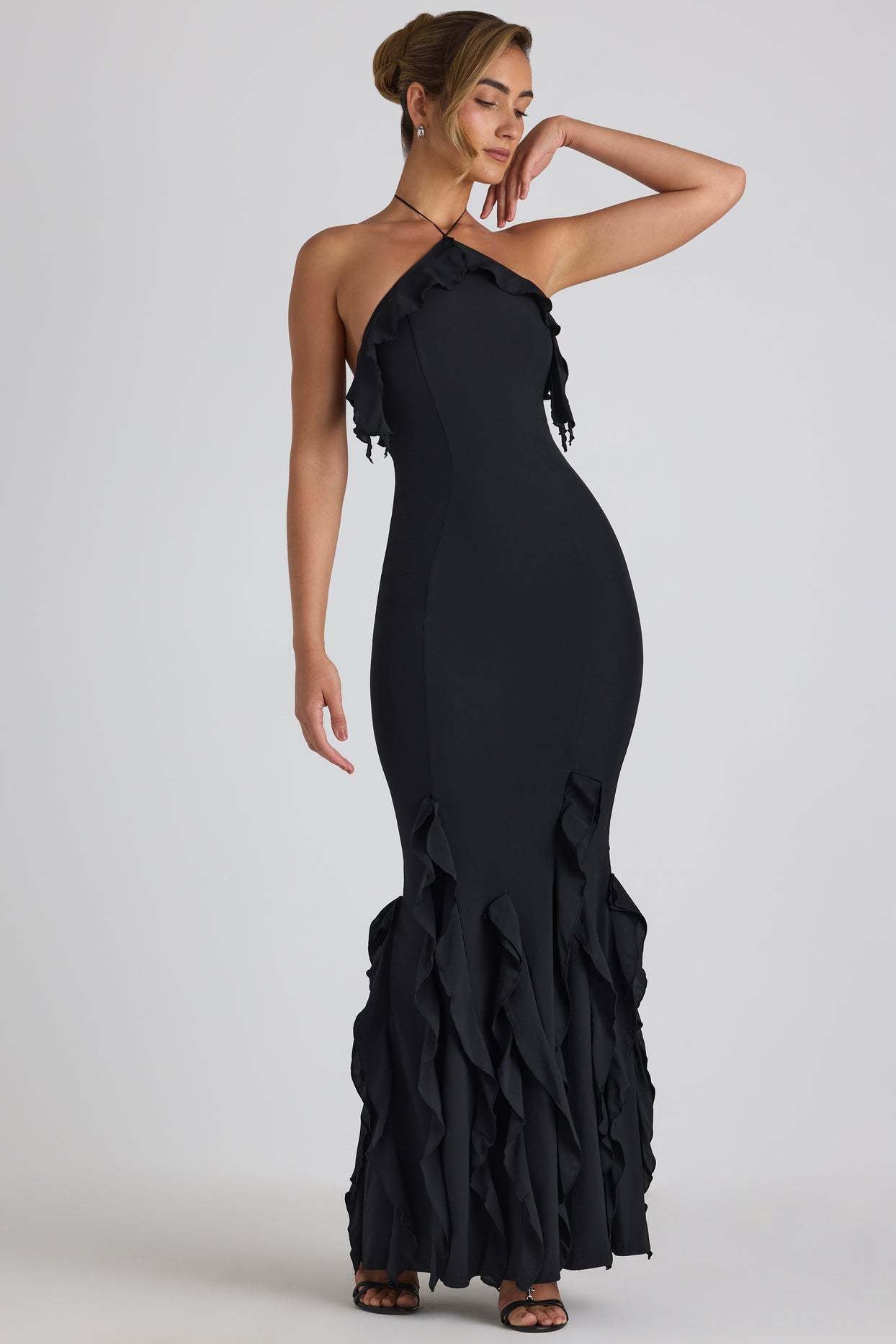 Ruffle-Trim Halterneck Gown