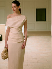 Asymmetrical Neck One Shoulder Off Pleated T-Shirt