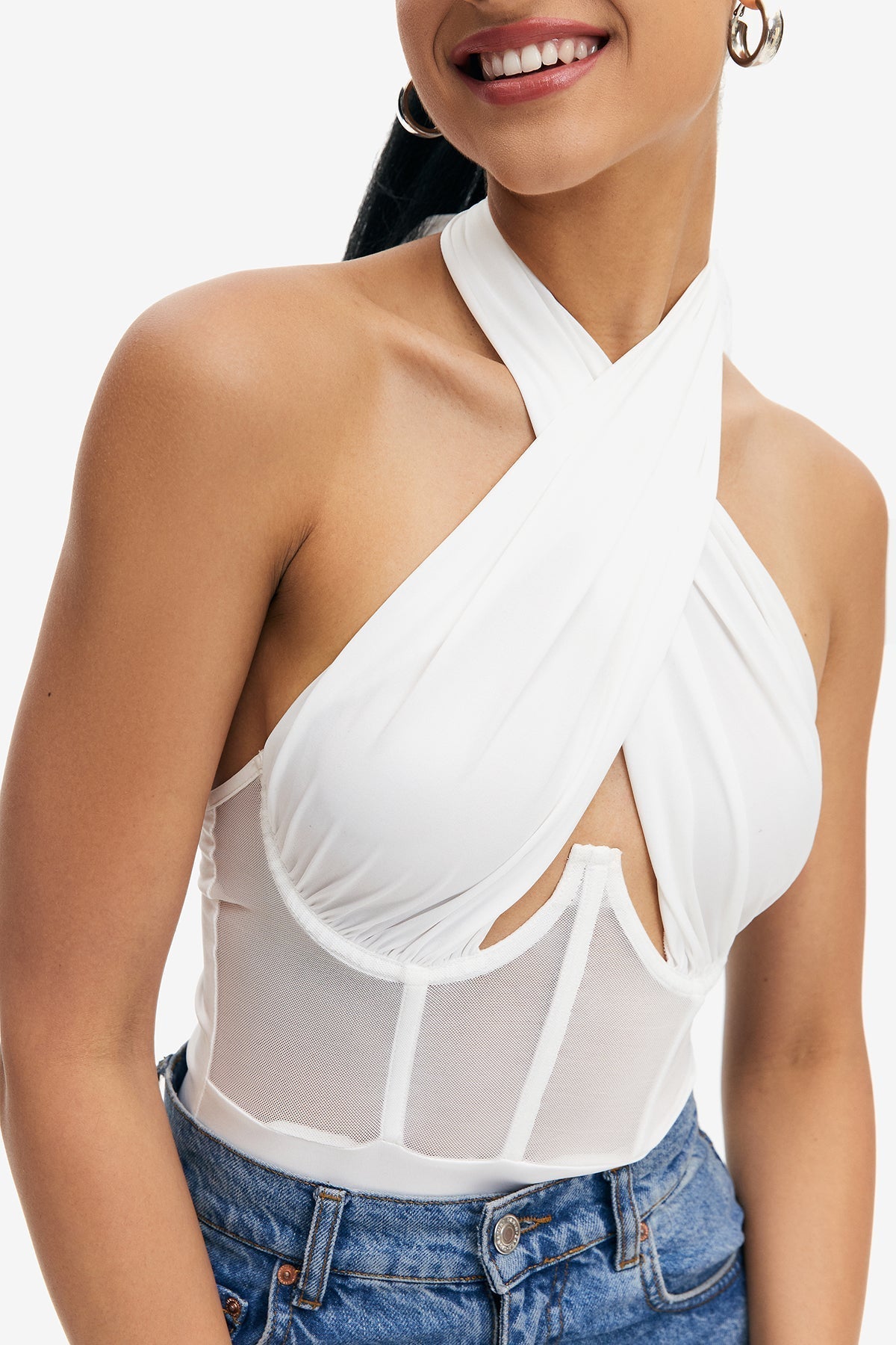 Crisscross Neck Mesh Splicing Boning Backless Bodysuit