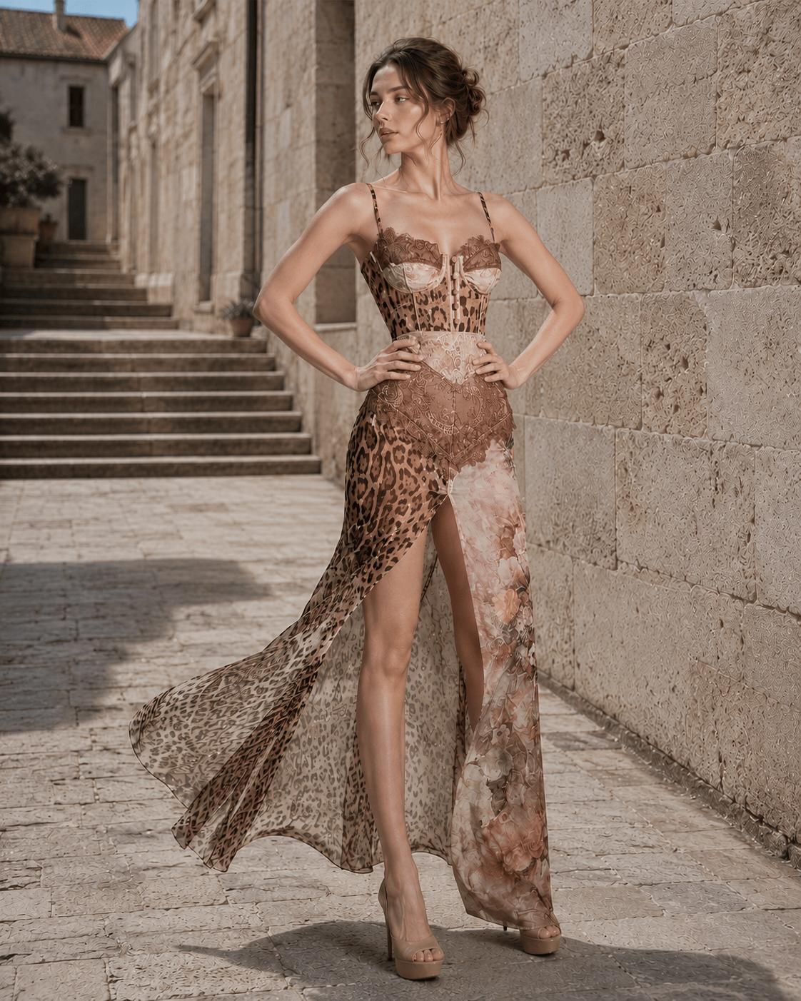 Leopard Printed Patchwork Lace Floral Dress