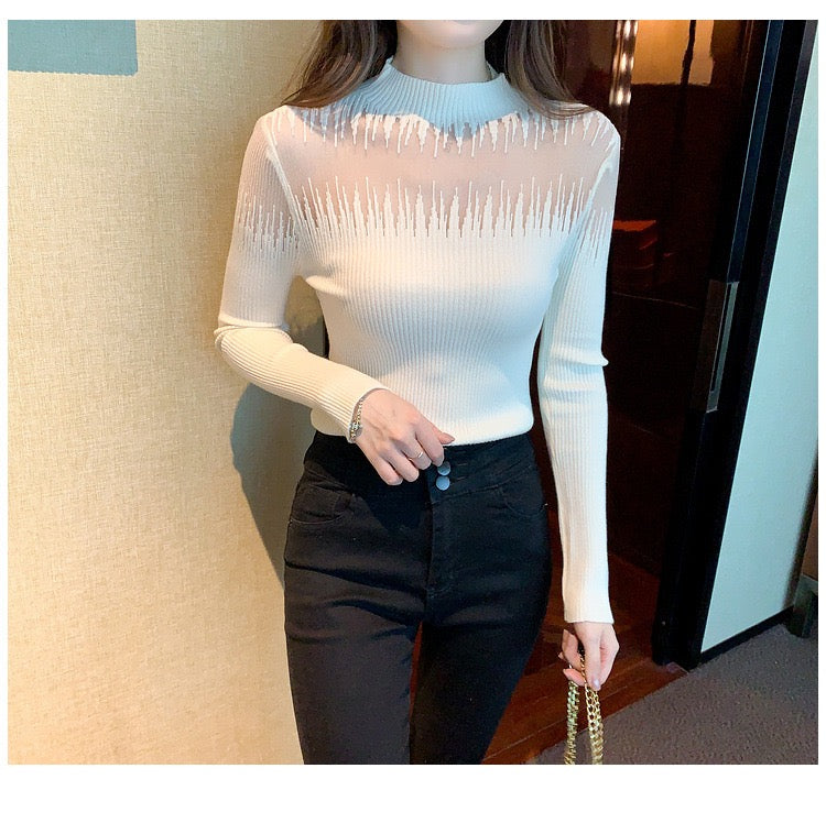 Mock Neck Sheer Panel Knit Top