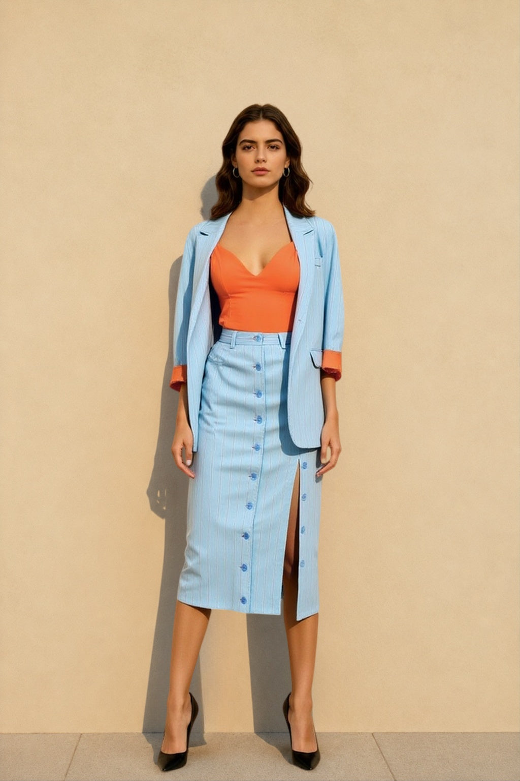 Striped Lapel Long Sleeve Blazer Split Bodycon Two Piece Set