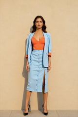 Striped Lapel Long Sleeve Blazer Split Bodycon Two Piece Set