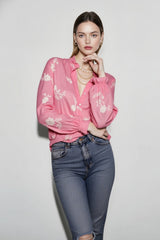 Printed Collared Lantern Sleeve Elegant Long Sleeve Blouse