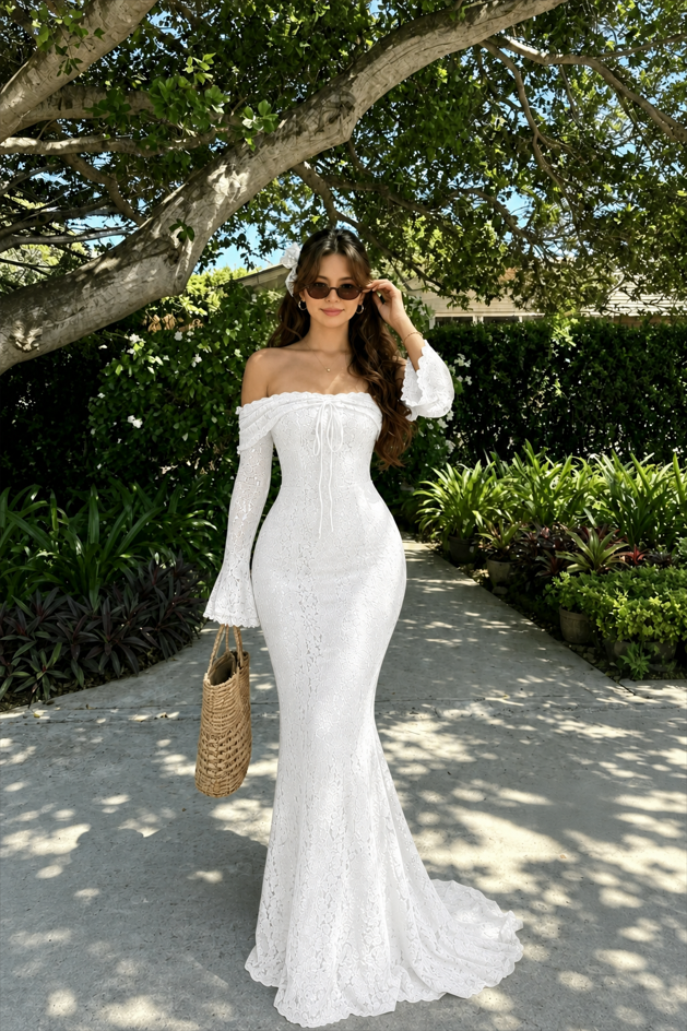 Off Shoulder Lace Flare Sleeve Fitted Train Elegant Maxi Dress