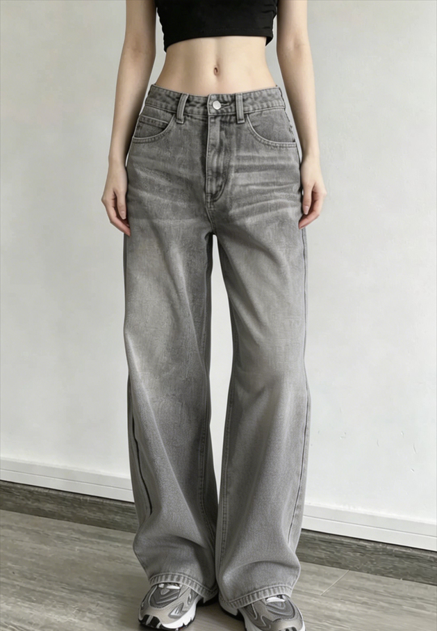 Street Vintage Smoky Gray Washed Wide Leg Jeans