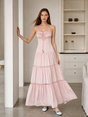 Pink Satin Tie Strapless Spaghetti Strap Maxi Dress