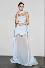 Strapless Sash Mesh Beaded Reception Dress