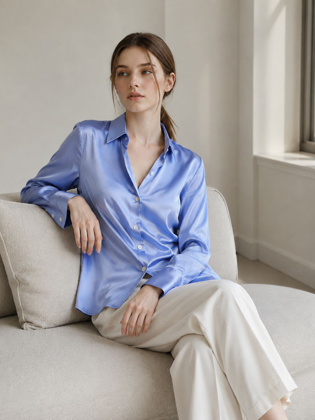 Slim Fit Collared Buttoned Long Sleeve Blouse