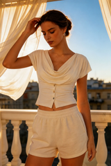 Solid Minimalist Cowl Neck Slim Short Sleeve T-shirt