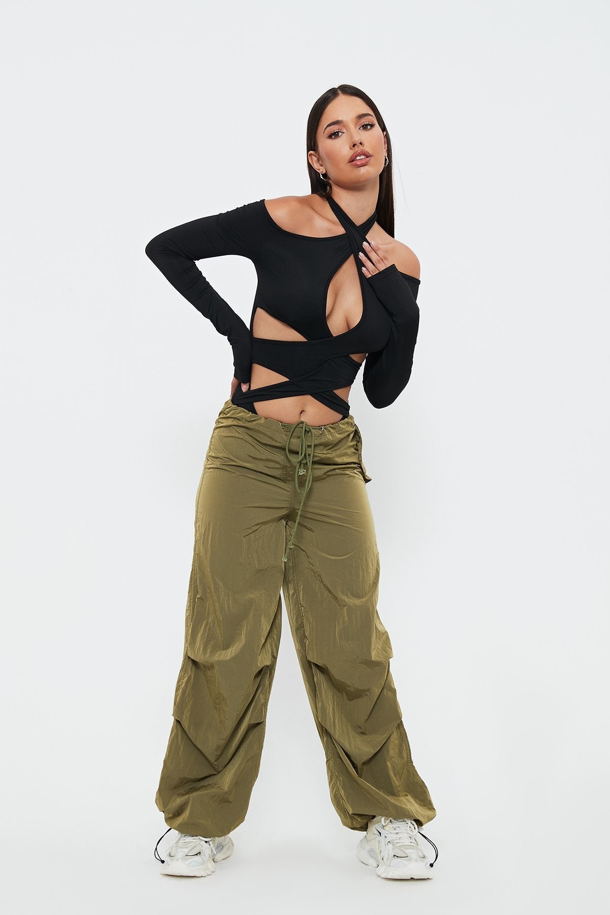 Halter Neck Cut Out Cold Shoulder Long Sleeve Bodysuit