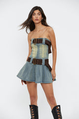 Off Shoulder Belt Decor Washed Denim Mini Dress