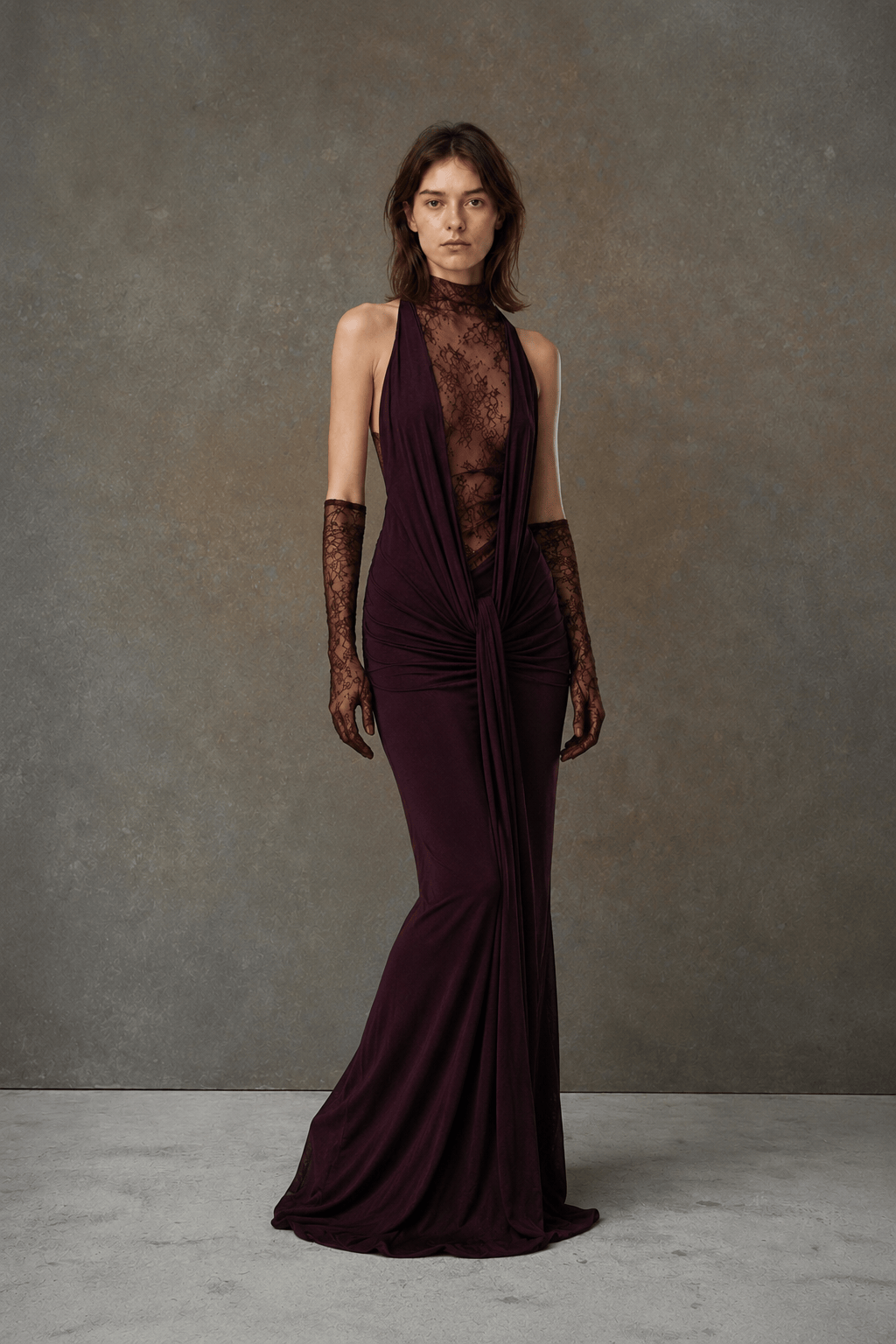 Lace Panel Halterneck Deep V Ruched Party Dress