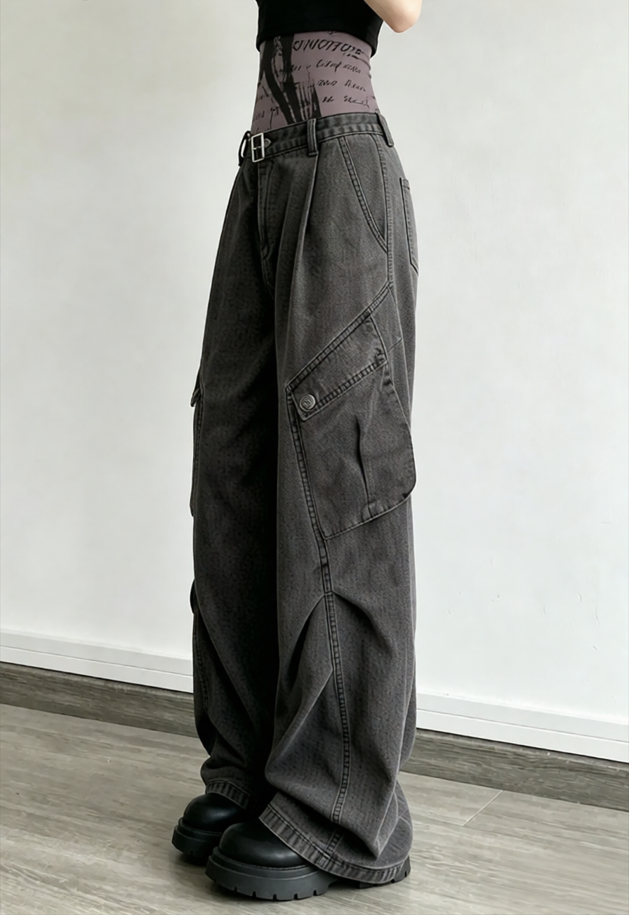 Denim Large Pocket Wide-Leg Cargo Pants