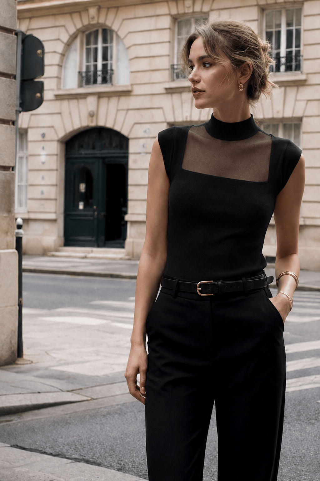 Mesh Panel Mock Neck Top