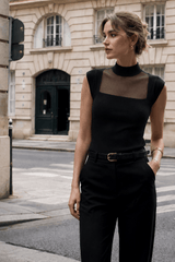 Mesh Panel Mock Neck Top