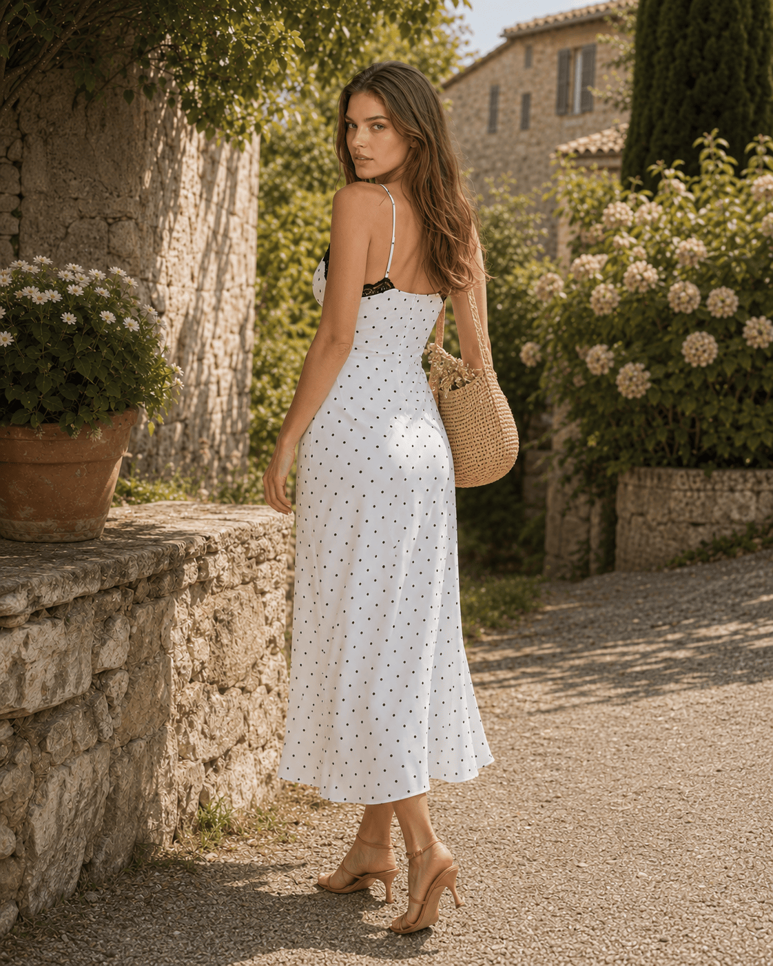Vintage Polka Dot Lace V-Neck Bodycon Maxi Dress
