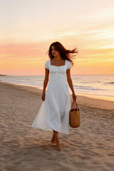 Ruched Puff Sleeve Maxi Work Dress