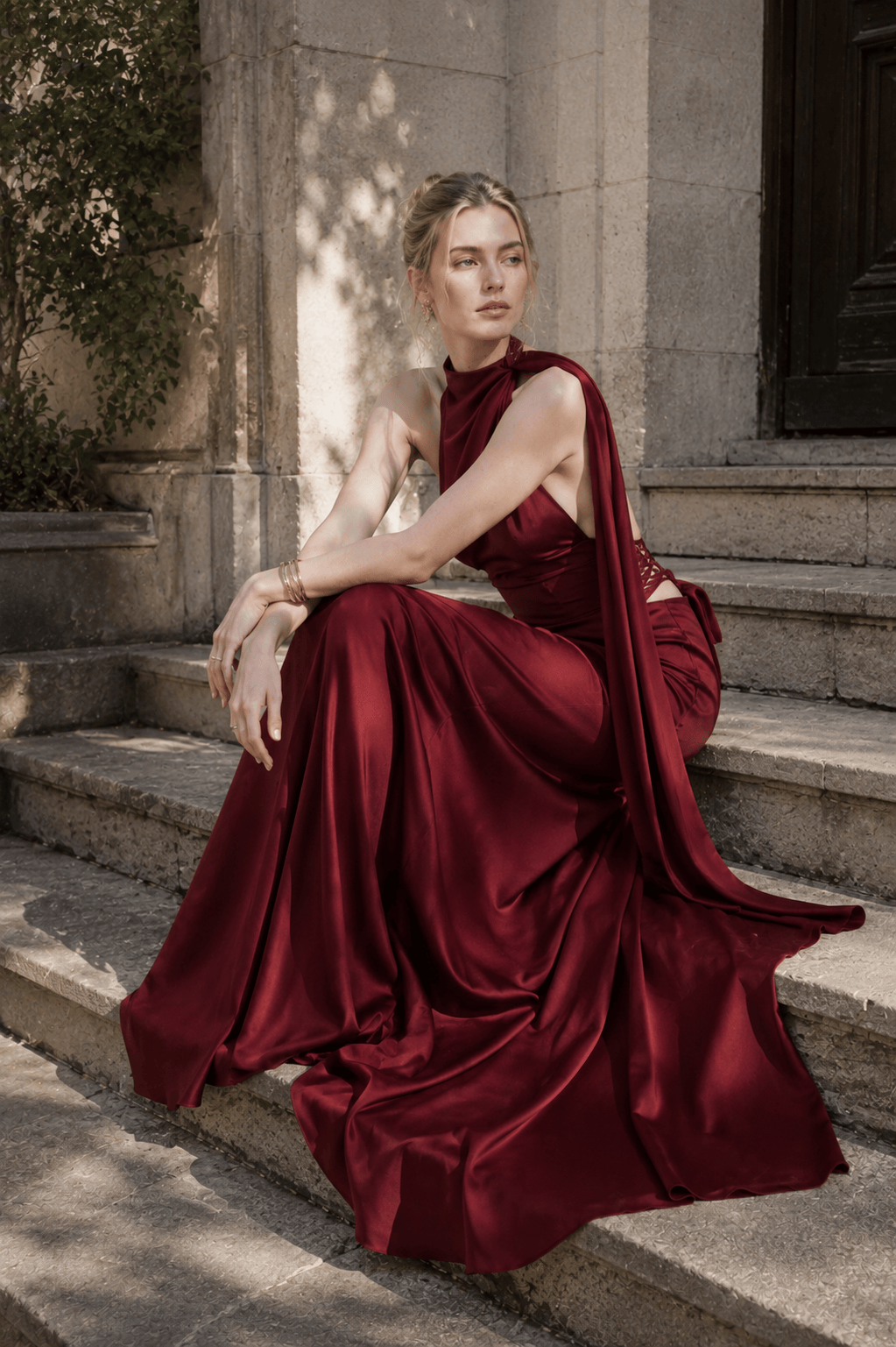 Halter Satin Elegant Solid Color Prom Dress