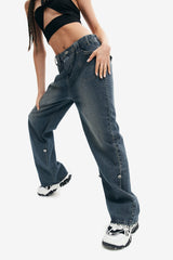 Washed Button Decor Low Waist Straight Leg Jeans