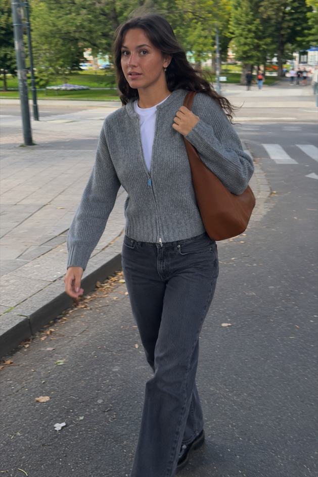 Crew-Neck Long-Sleeve Zip Solid Knit Cardigan