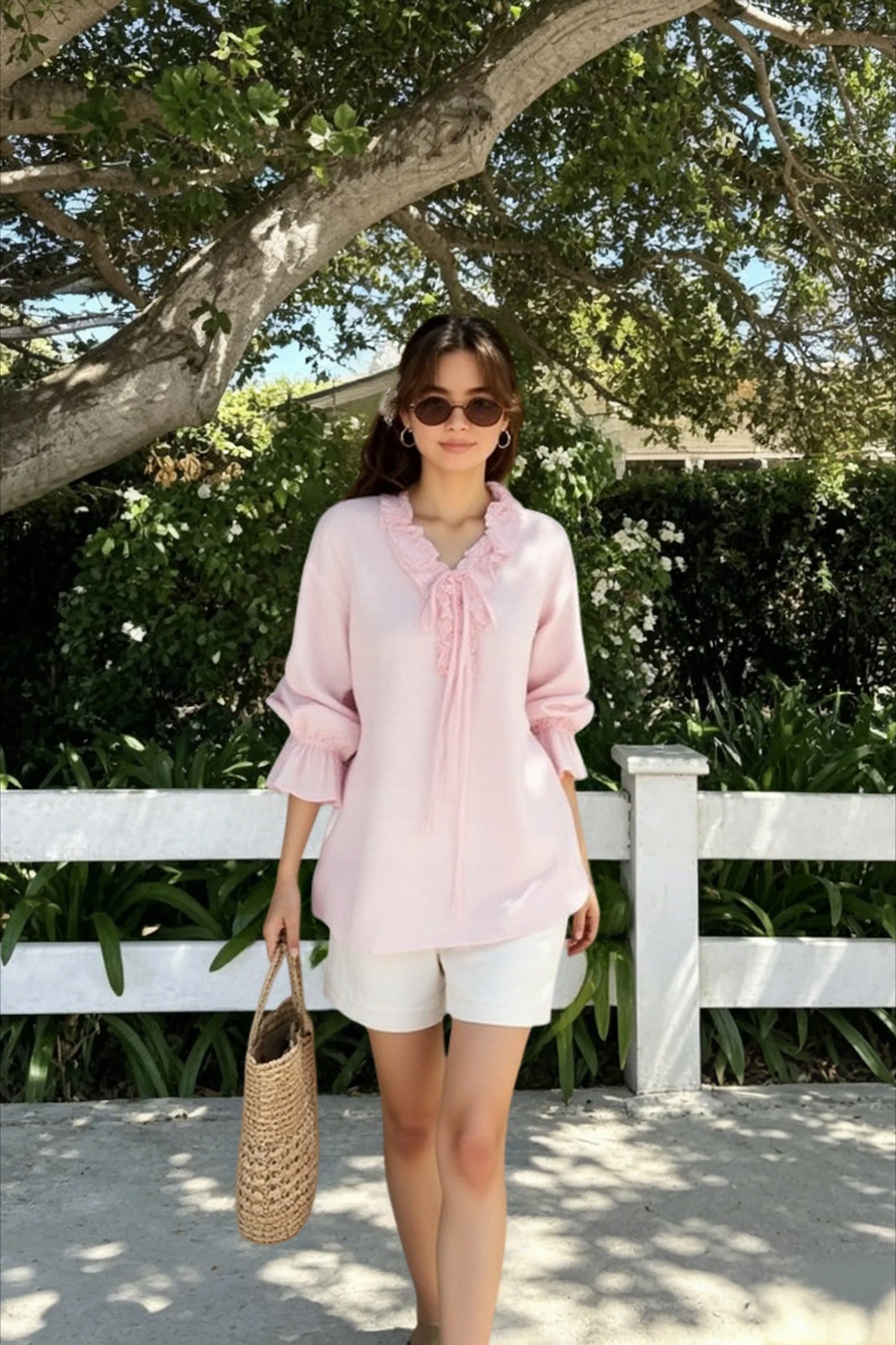 Linen Ruffle Tie Front Blouse