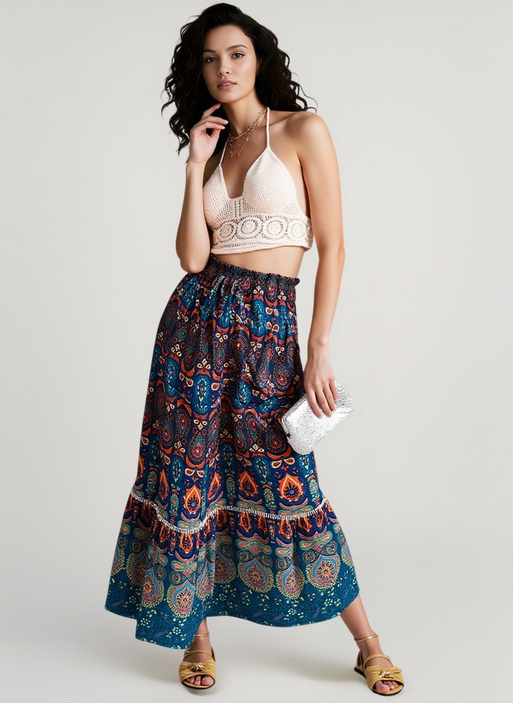 Rayon High Waist Hollow Boho Vacation Skirt