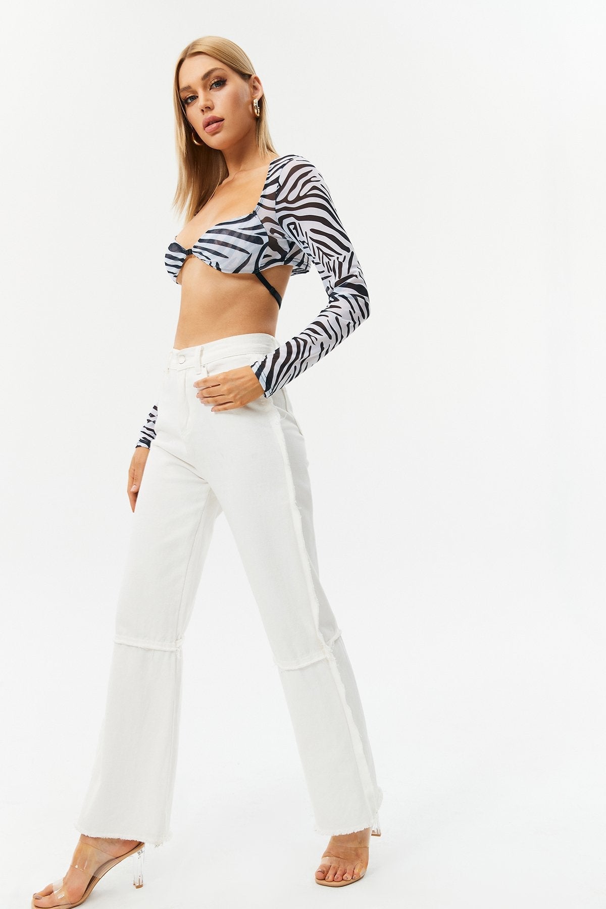 Plunging Neck Buckle Detail Long Sleeve Top