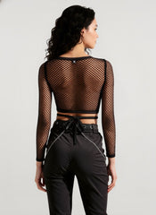 Crisscross Tie Mesh Sheer Cutout Crop Top