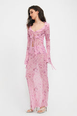 Tie Front Ruffle Long Sleeve Top & Floral Print Skirt Set