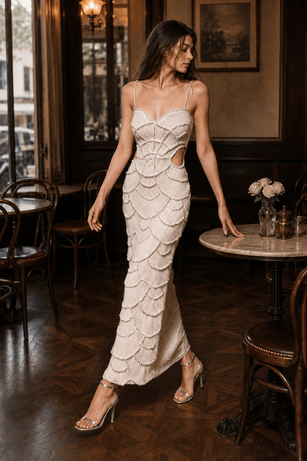 Sequin Beaded Cutout Waist Spaghetti Strap Evening Dress