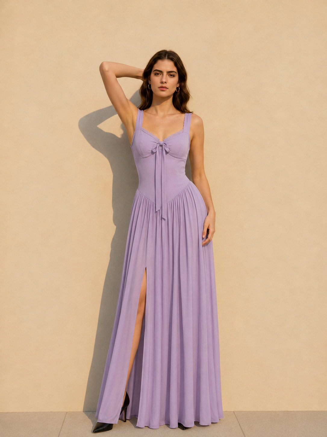 Lace Knit Cami Slit Flowy Maxi Dress