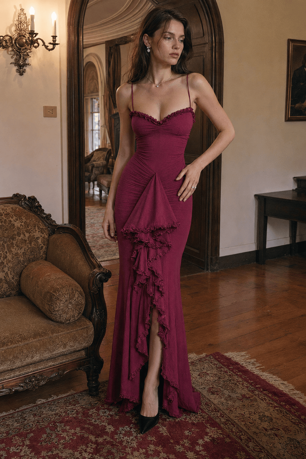 Backless Mesh Spaghetti Strap Bodycon Maxi Dress