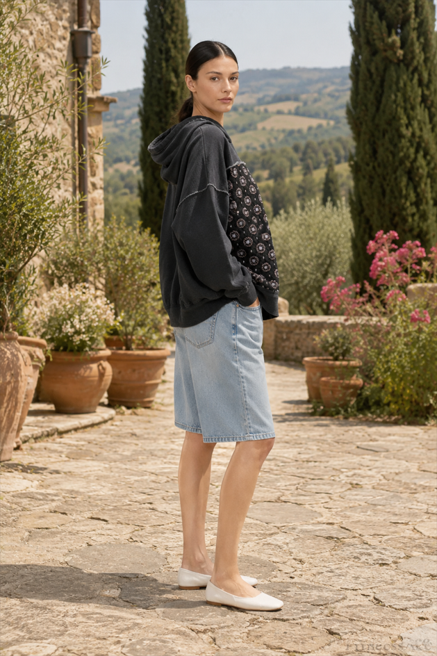 Embroidered Panel Design Casual Pullover Hoodie