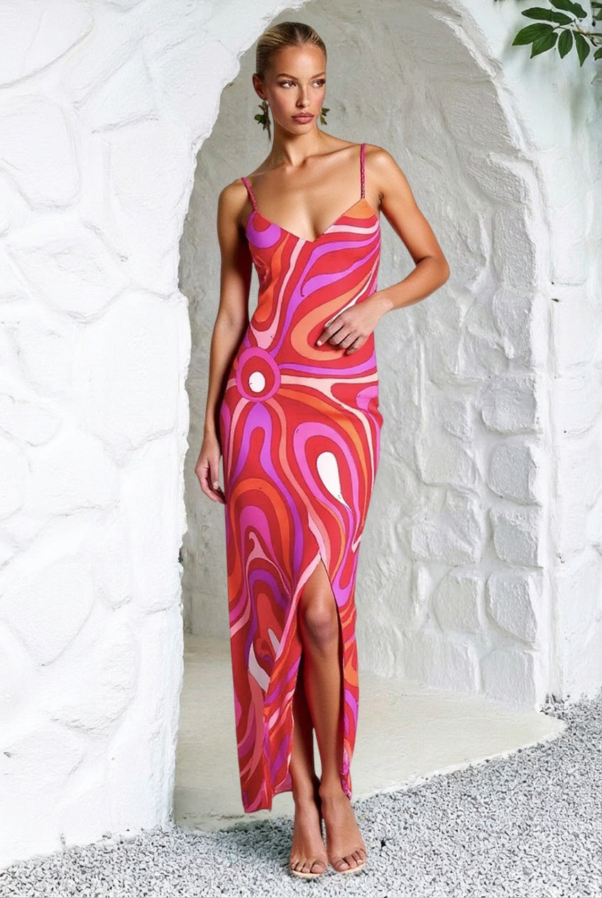 Printed Satin Cami Slit Silk Dress
