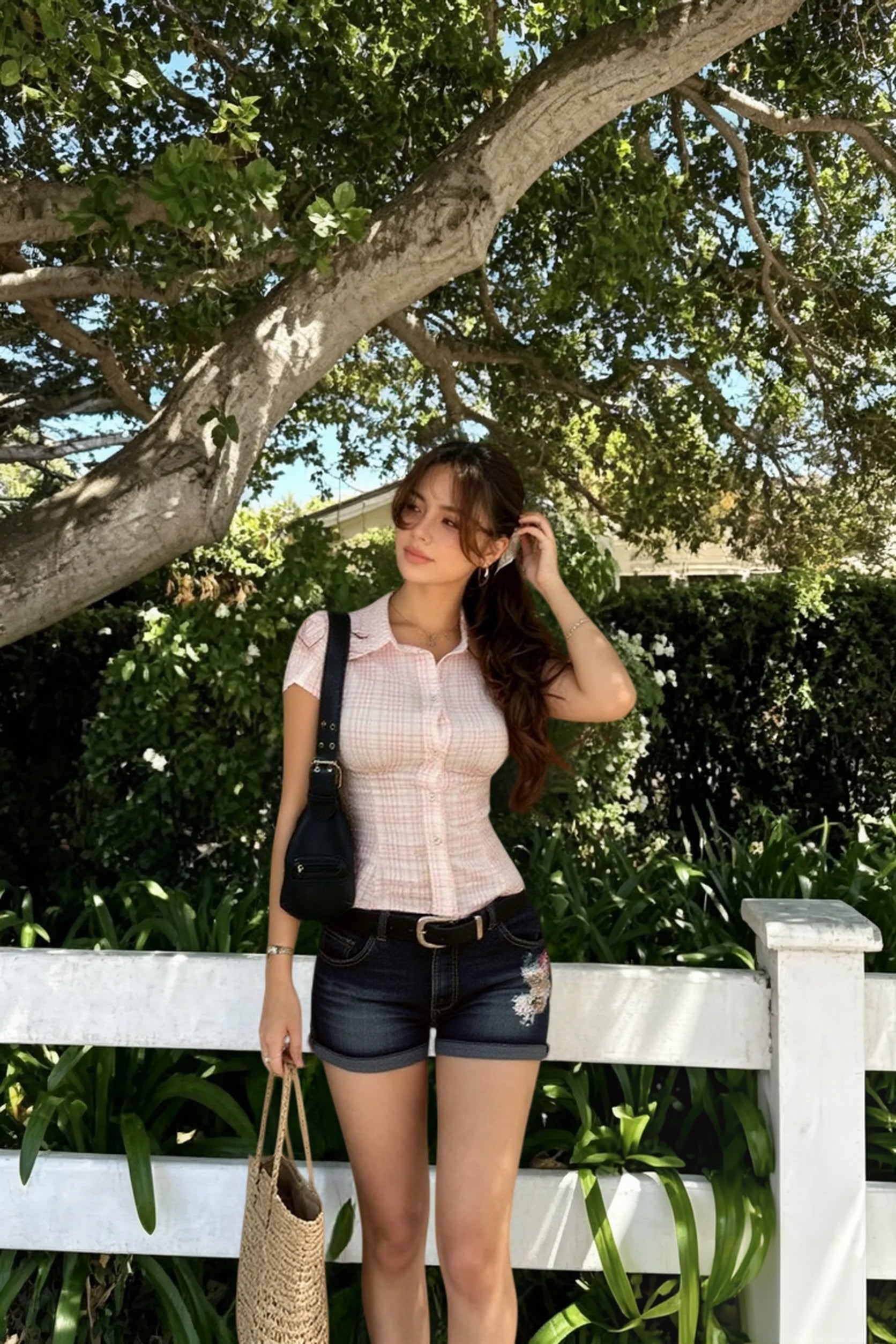 Plaid Button Front Fitted T-Shirt