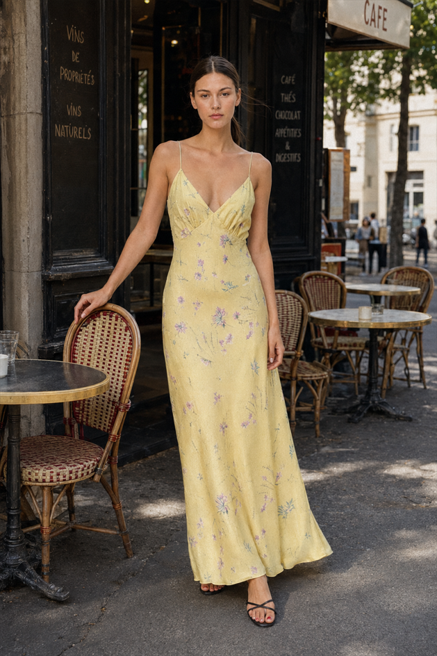 Casual Yellow Print Spaghetti Strap Floral Dress