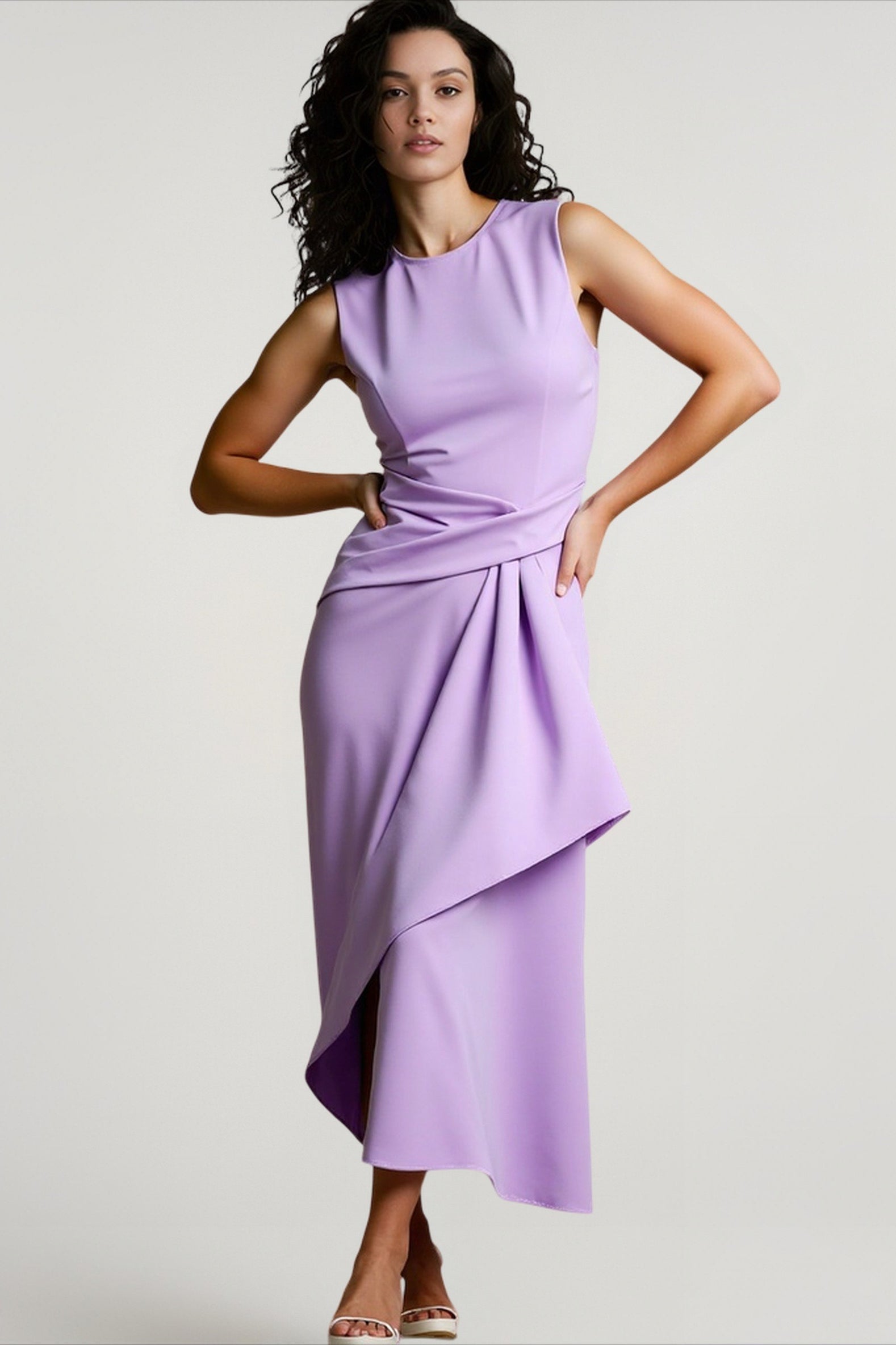 Solid Waisted Sleeveless Asymmetrical Long Work Dress