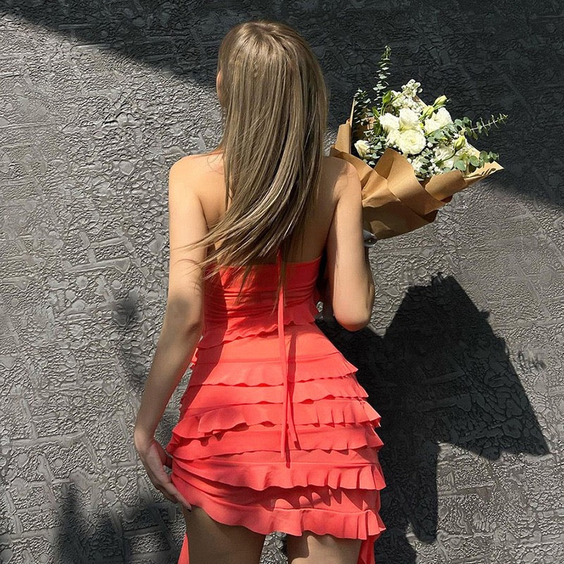 Cross Strap Ruffle Floor Length Dress