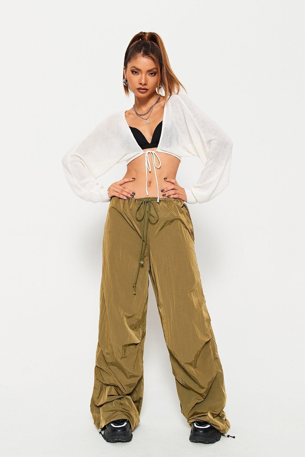 Tie Front Long Sleeve Solid Cardigan Without Bra