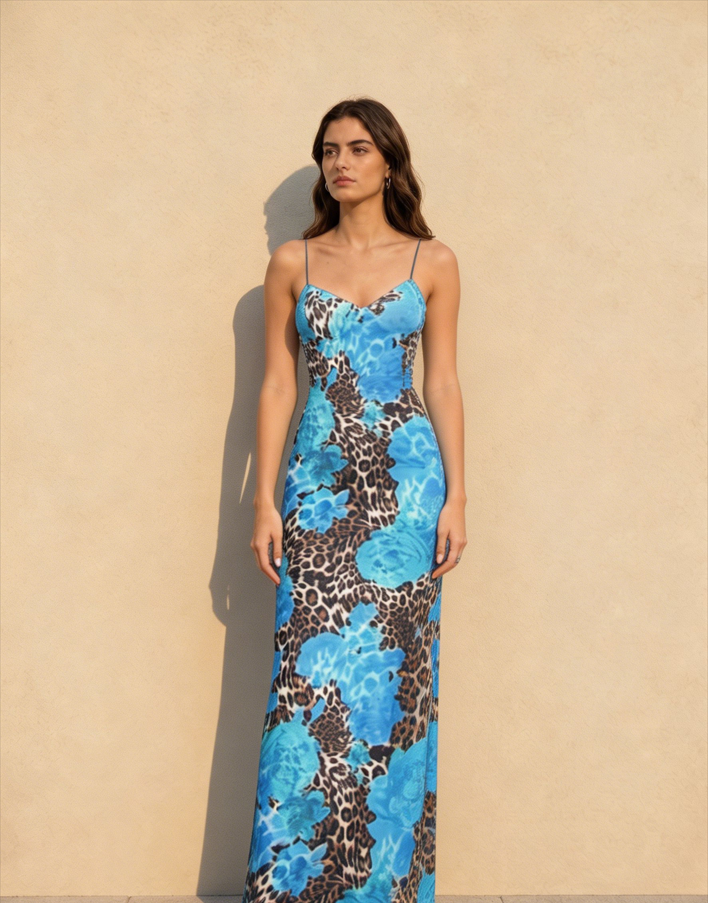 Leopard Floral Print Bodycon Cami Maxi Dress
