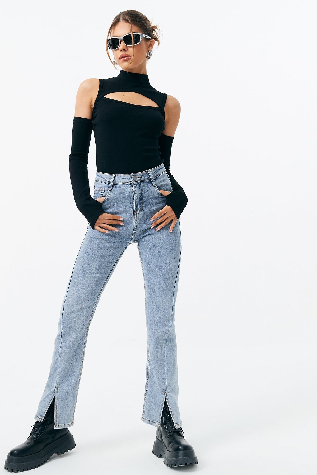 Off Shoulder Cut Out Solid Bodysuit